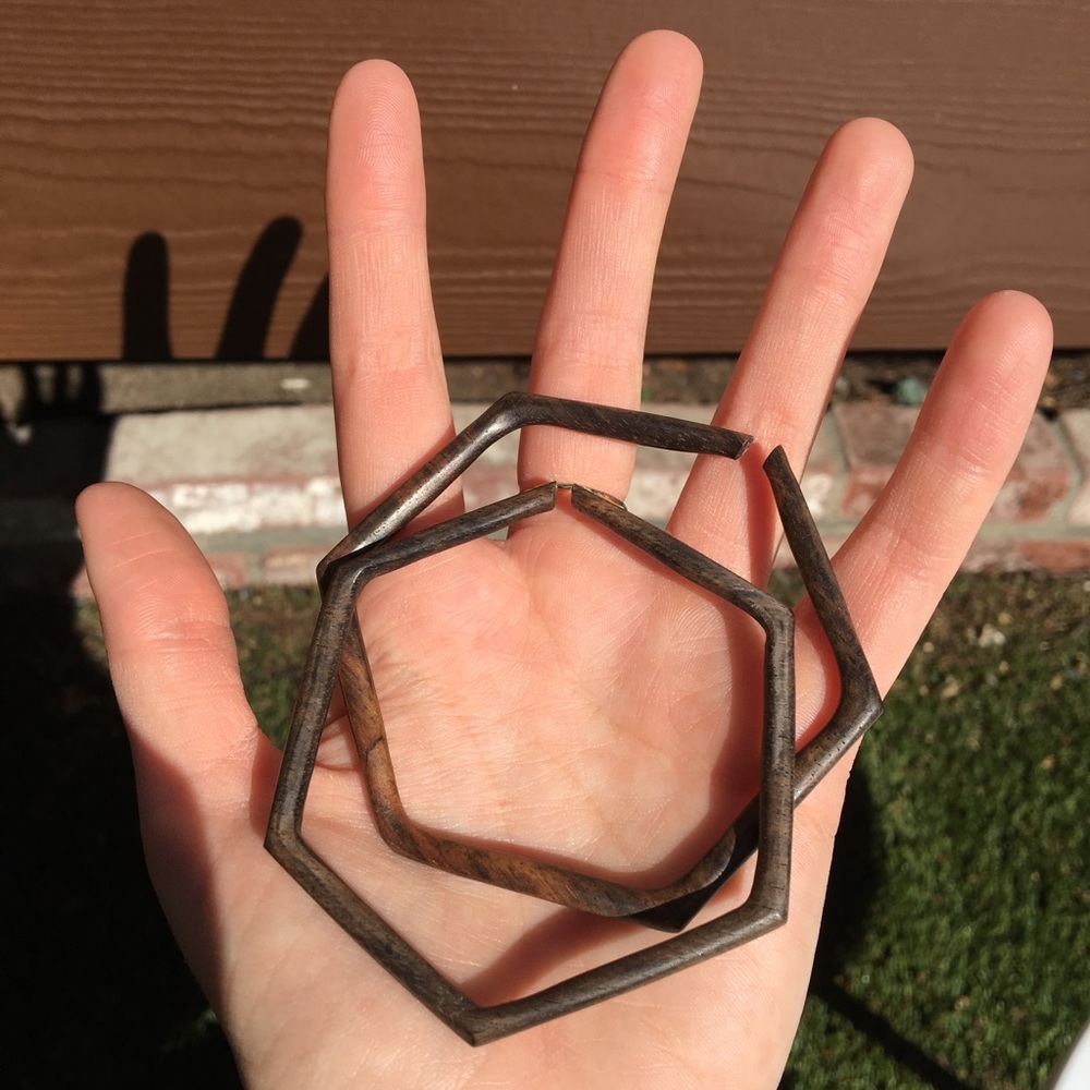 Hand carved hexagon wood earrings