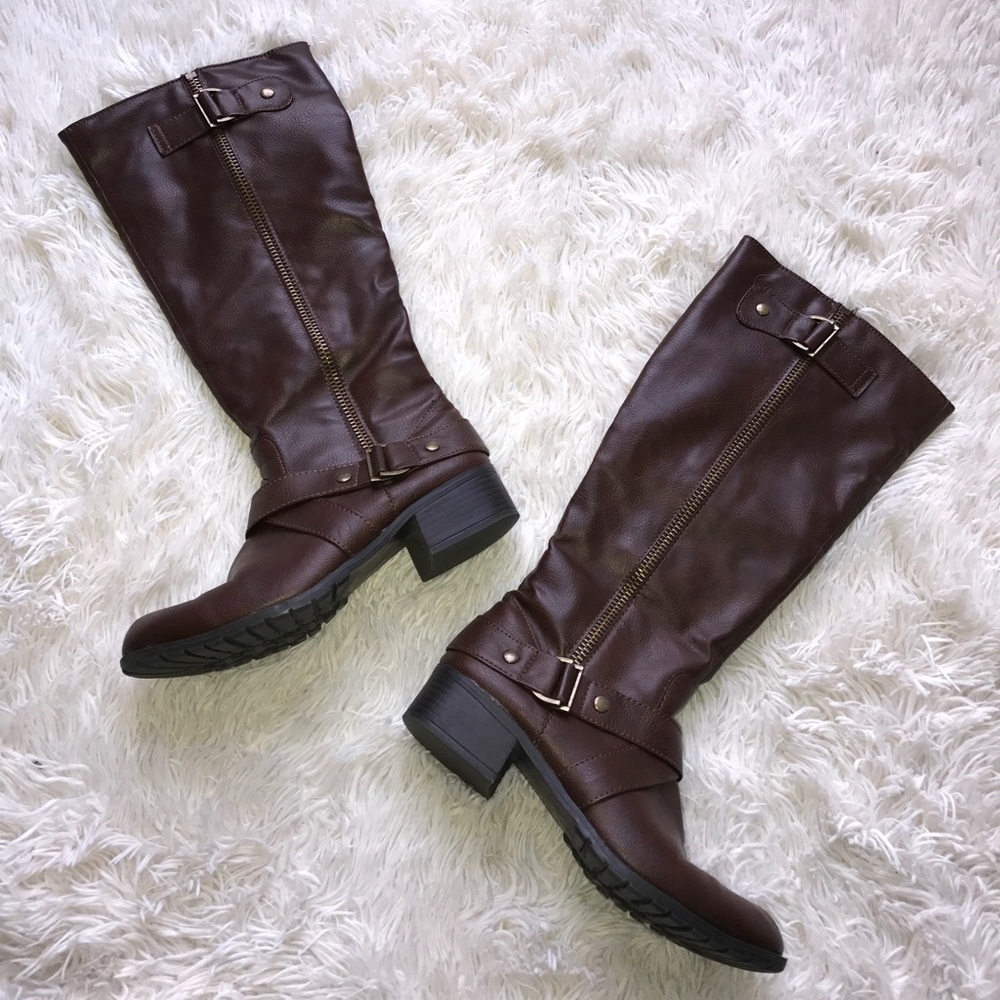 Dark Brown Zip Up Leather Boots with Buckles