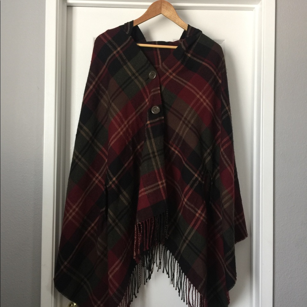 Autumn plaid print poncho w/ hoodie (handmade)