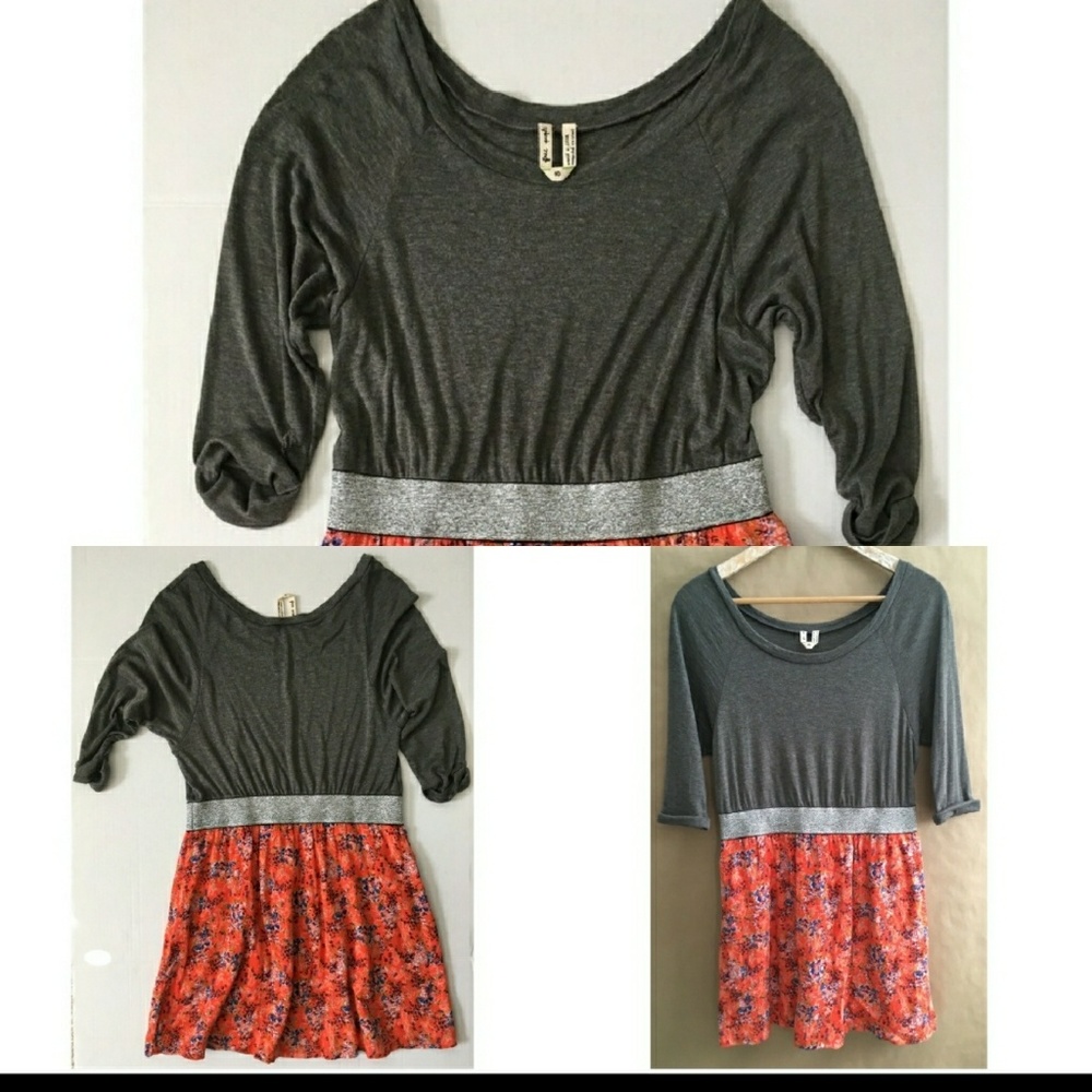 Free People 3/4 Sleeve Grey & Flower Dress