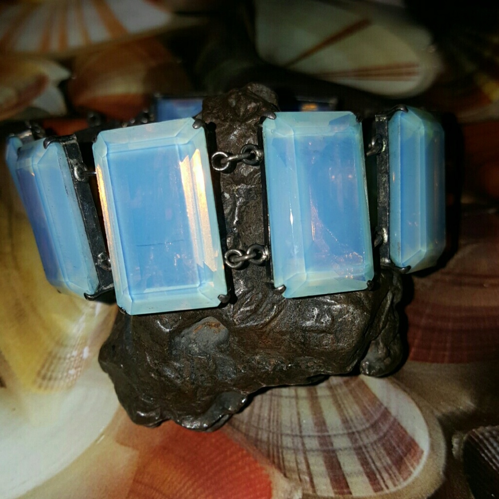 Antique Made N Japan Opalite Glass Silver Bracelet