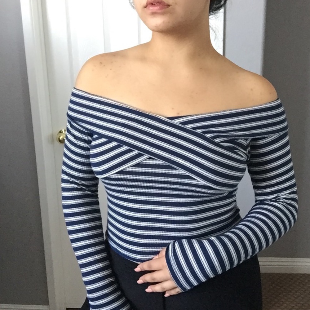 Off the shoulder long sleeve striped top