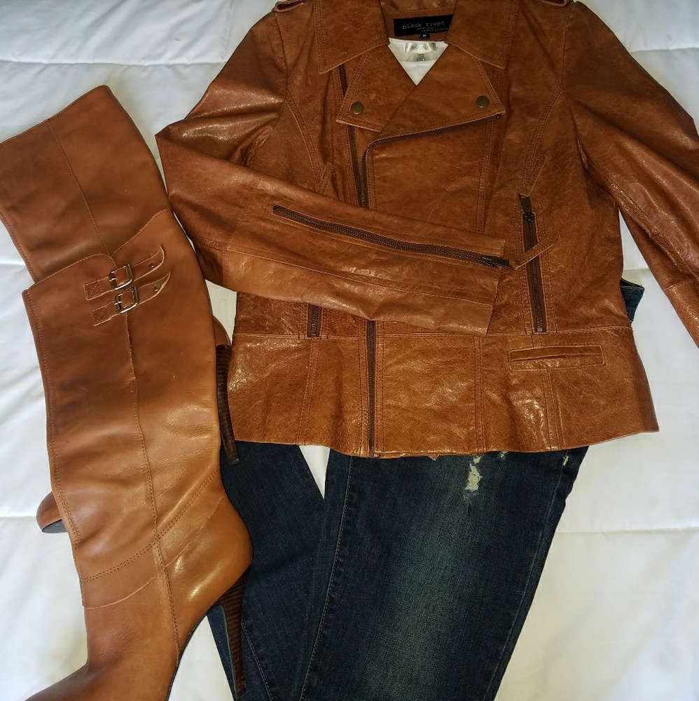Black Rivet Leather Crop Moto Jacket