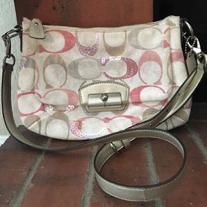 Pink/tan/white Coach purse with silver straps