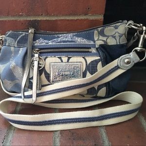 Coach purse in tan, dark blue/light blue, silver