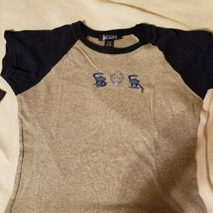 Grey with blue sleeves with 3 monkeys on front