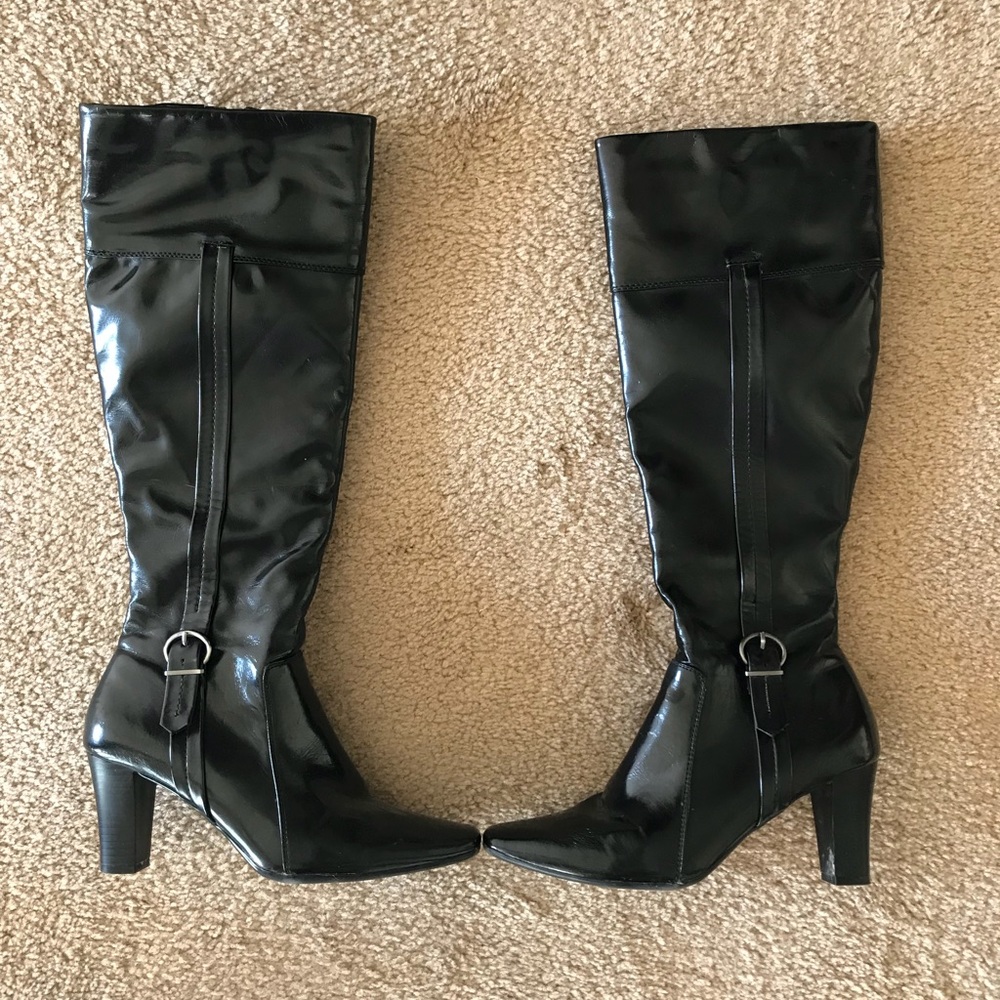 Black patent leather knee high boots