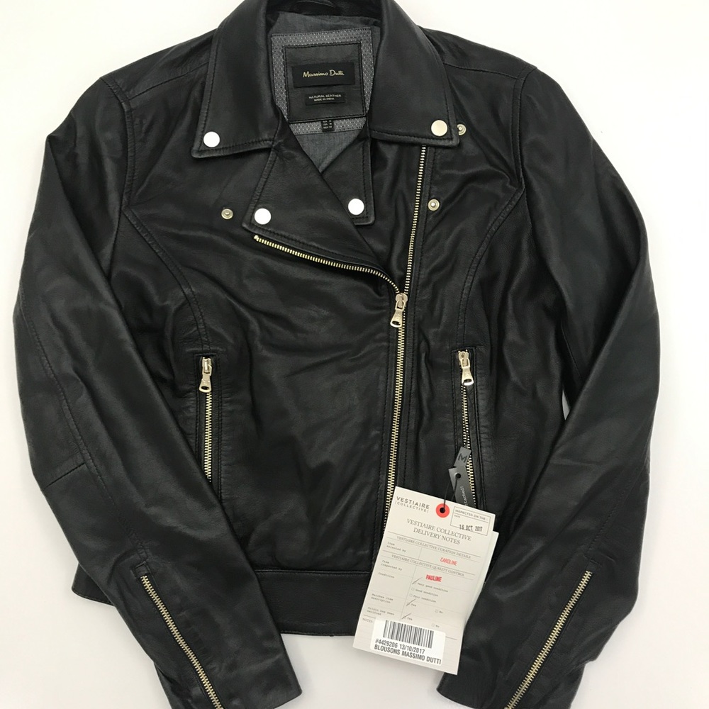 Massimo Dutti Black Natural Leather Moto Jacket