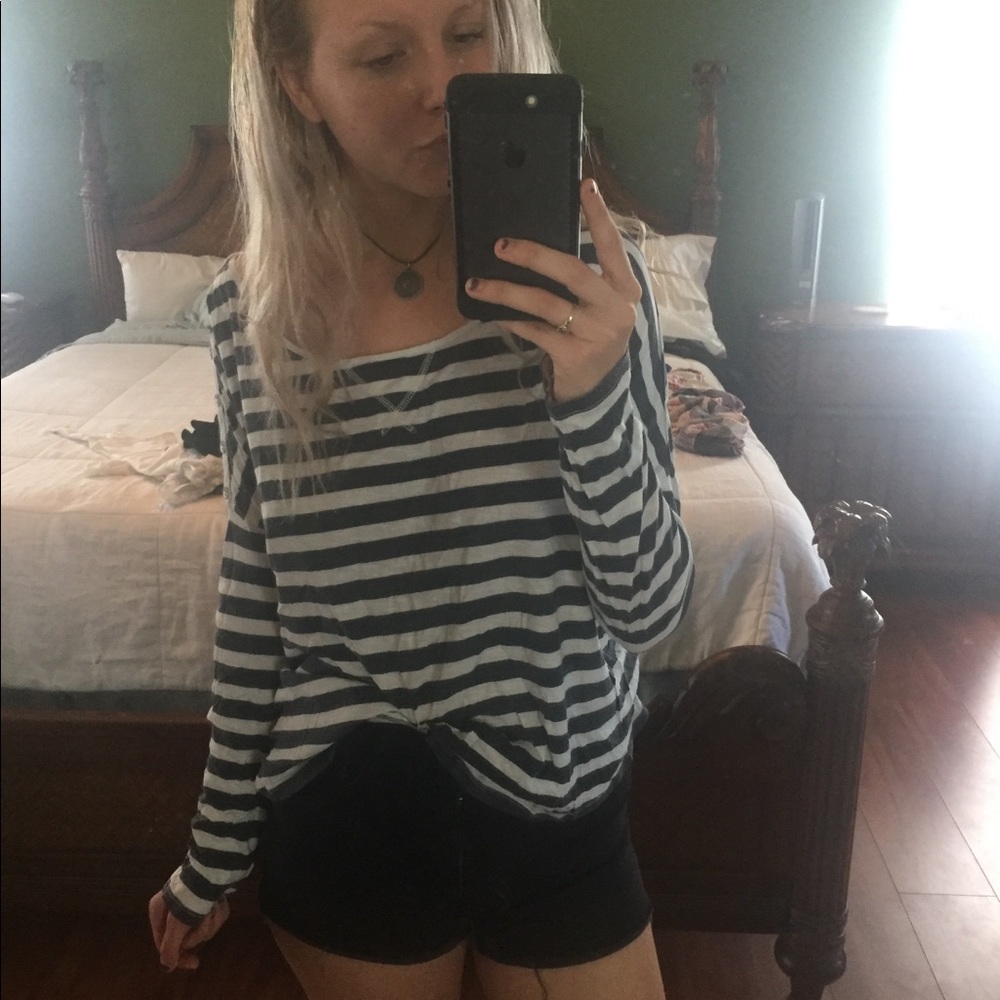 Flowy White and Grey Striped LongSleeve Top