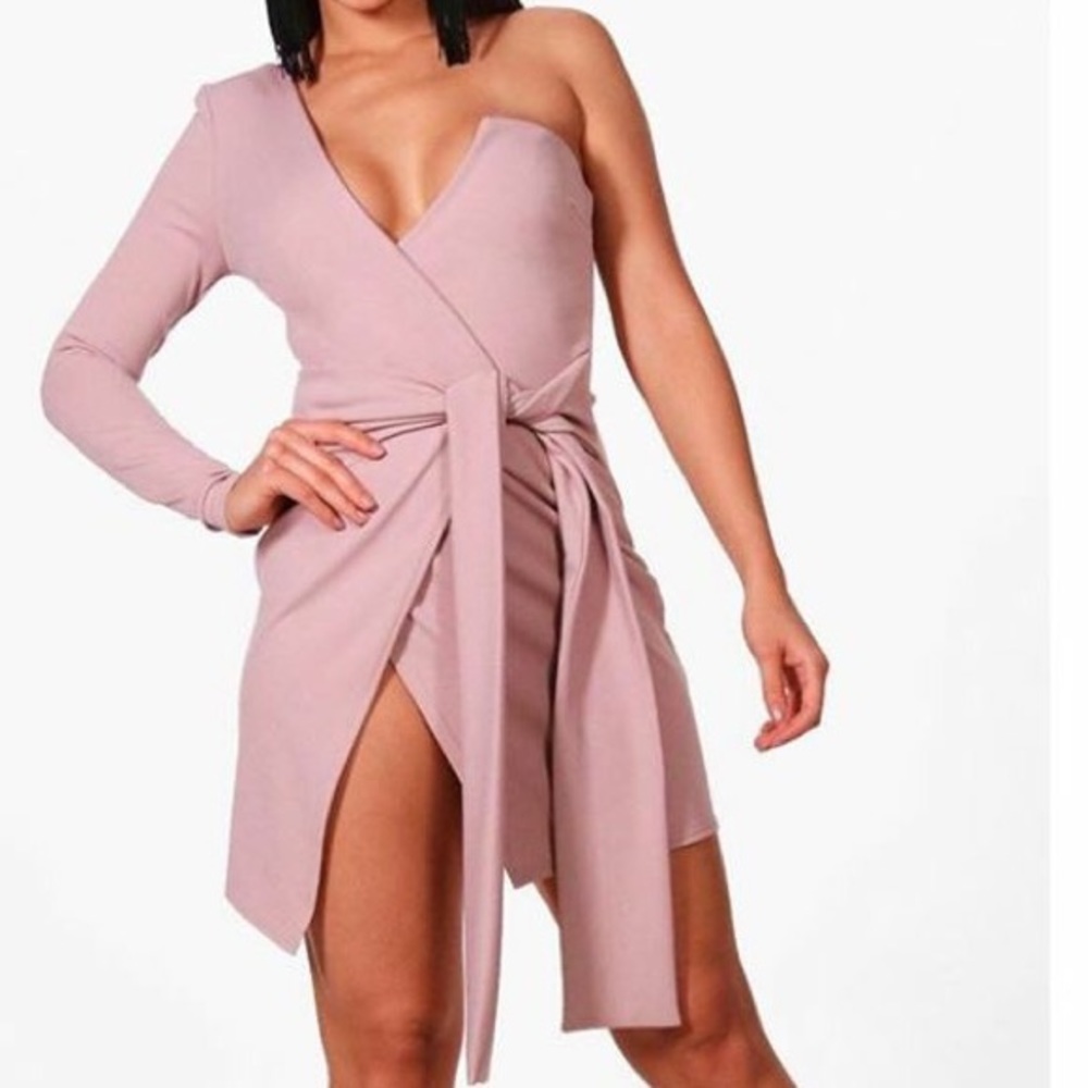 women's pink one-shoulder sleeved mini dress