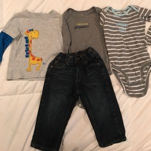 2 onesies, 1 tee shirt and 1 pair of jeans