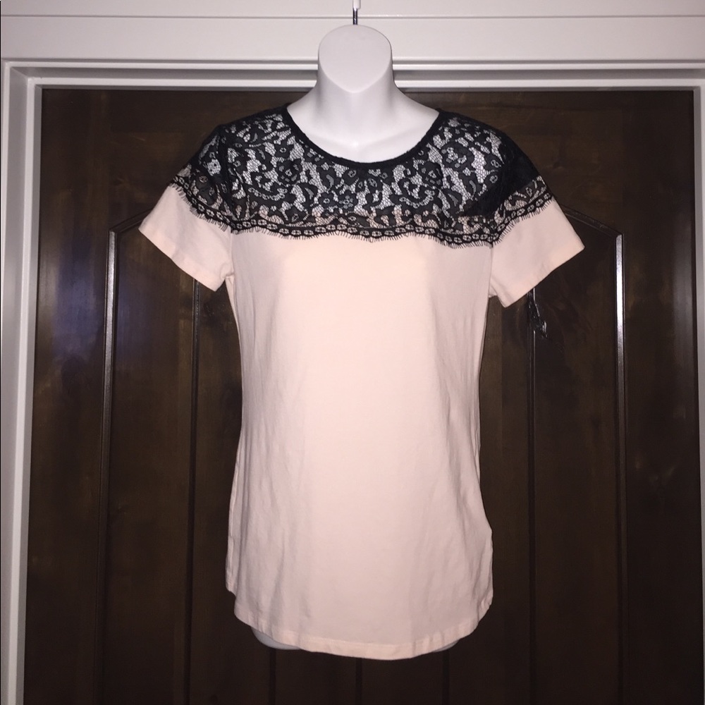 Light pink tee with black lace neckline/shoulders