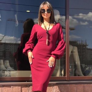 Burgundy low cut sexy dress.