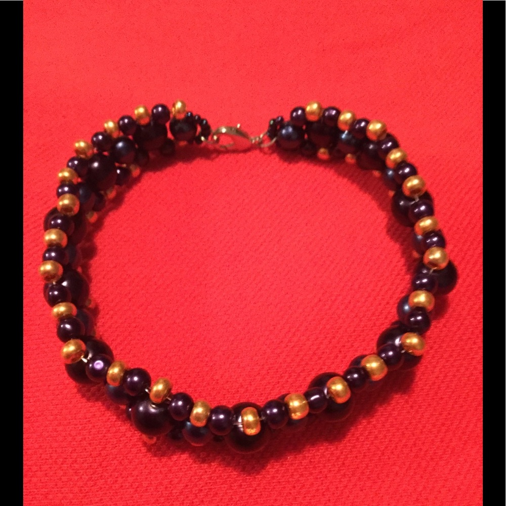Glass Pearl Beaded Bracelet 6  ( Purple + Lapis )