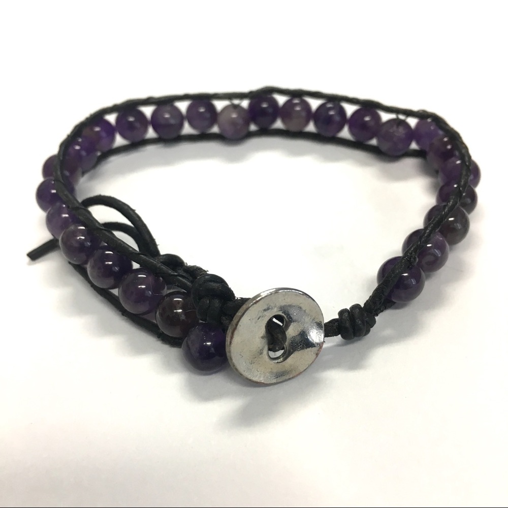 Amethyst Bead Bracelet on Black Leather