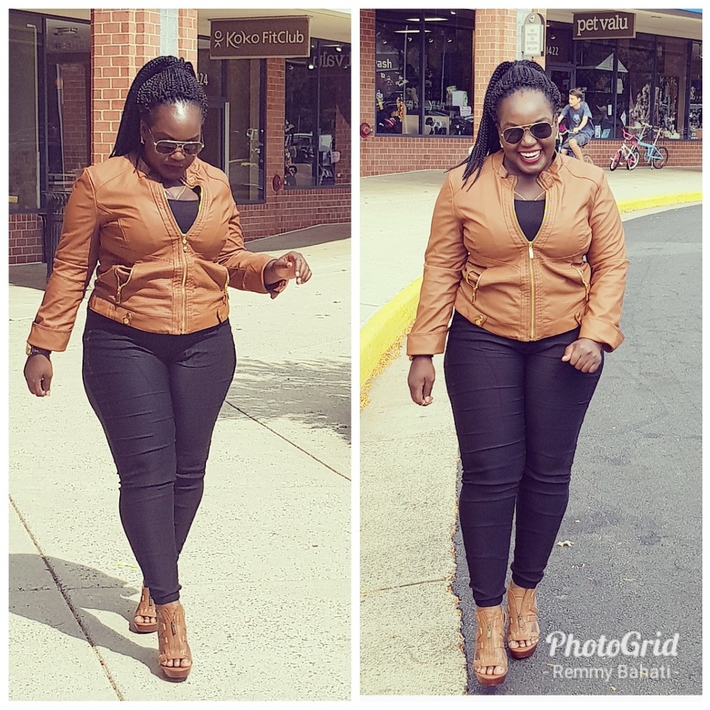 Brown high heeled shoes and a brown leather Jacket