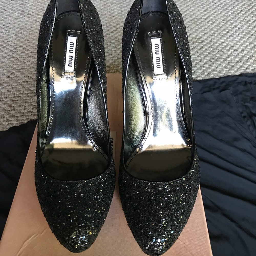 Miu Miu Donna Glitter Finished Black Pumps Sz 41