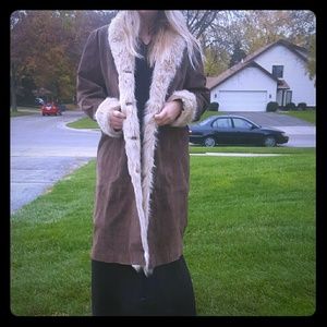 Long leather coat with fur trim