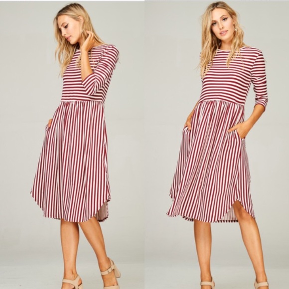 ❤️NEW❤️ Modest Striped Midi Dress Fall - Picture 2 of 2