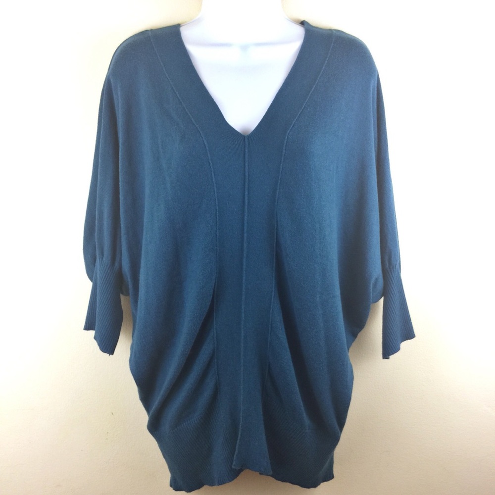 Ana V Neck Blue Loose Sweater 3/4 Sleeve Bat Wing