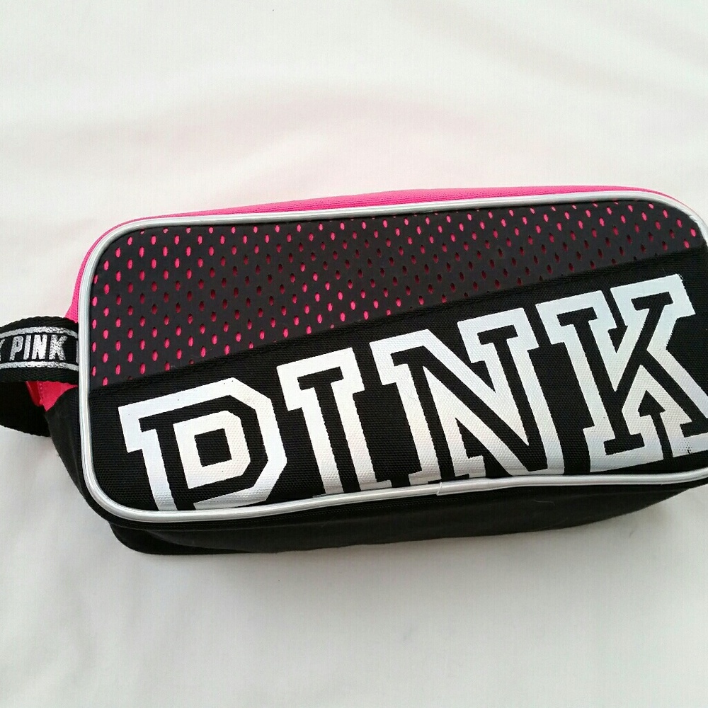 VS PINK Silver Text Mesh Beauty Cosmetics Bag