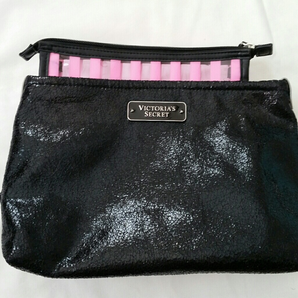 Victorias Secret Black Pink Stripe 2 Piece Bag Set