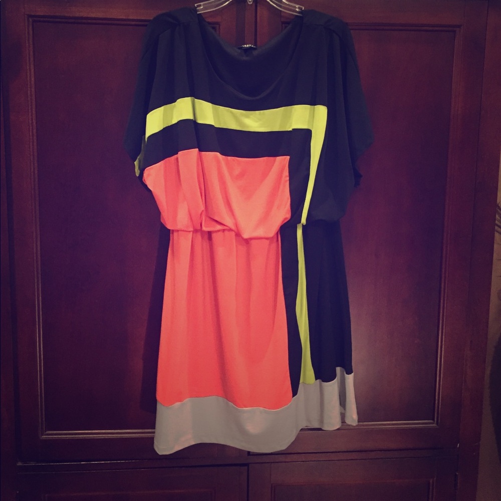 Black, green, peach and grey color-block dress
