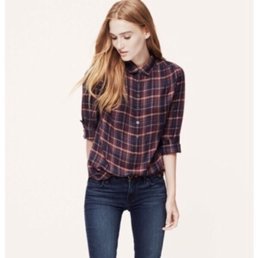 LOFT Plaid Henley blouse in plum