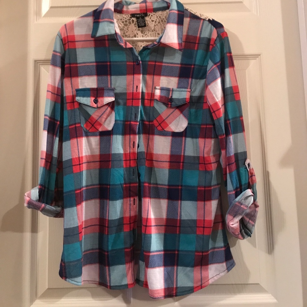 Plaid button down shirt with lace detail