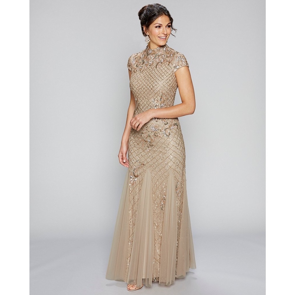 NWT Adrianna Papell Beaded Lace Mock Neck Gown