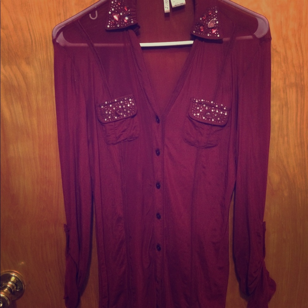 Burgundy blouse  w beading.   Long sleeve