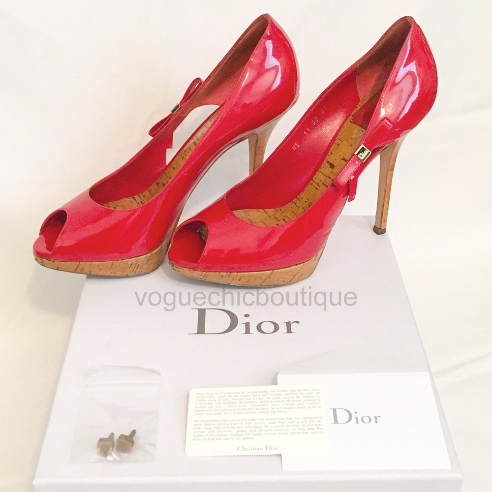 Auth Christian Dior Starlet Bow Peep Toe Heels Red