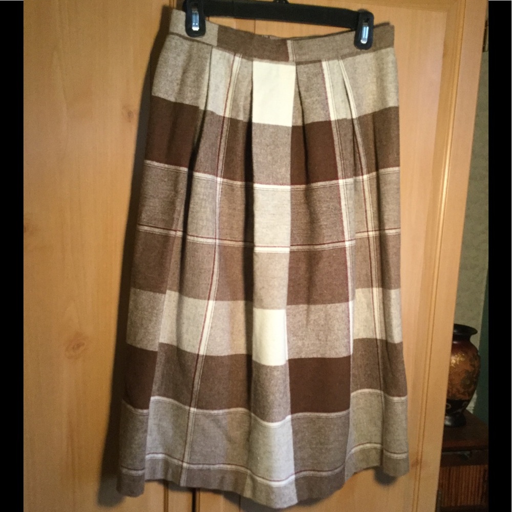 Vintage Brown Plaid Wool Blend Midi Skirt