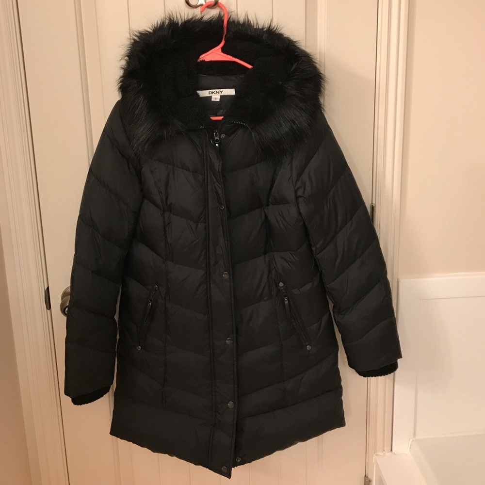 DKNY Faux Fur Hooded Mid Length Down Puffer Coat S