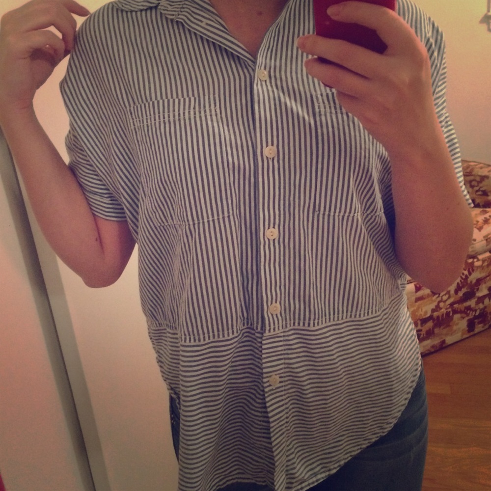 blue and white button up