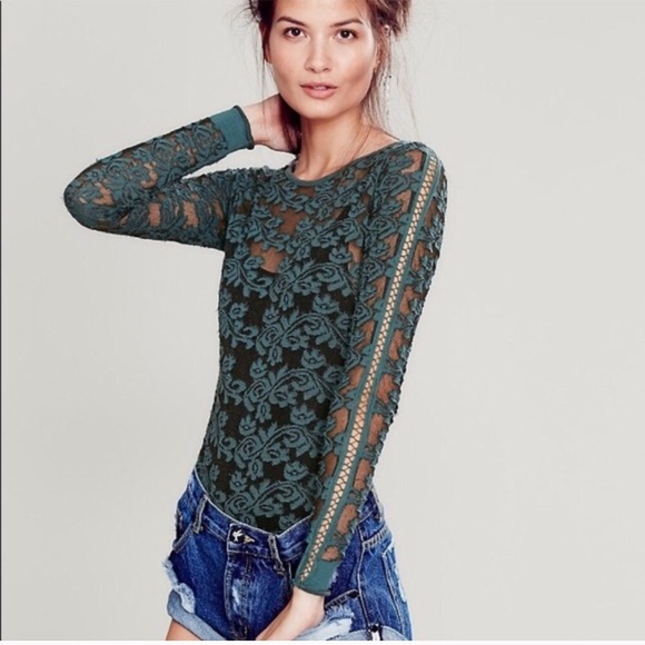 Free People Tops - Free People • Sheer Floral Lace Top Lattice Sleeve