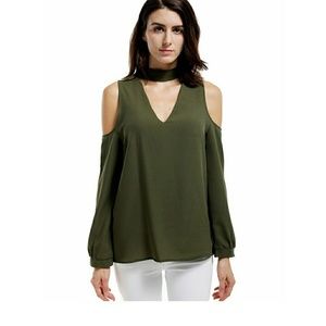 Choker Cold Shoulder Long Sleeve Shirt