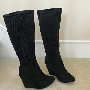 Black Fringe Wedge Boots