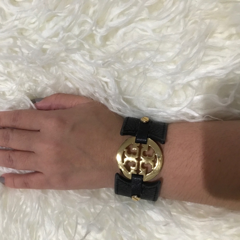 Tory Burch black and gold leather wrist cuff