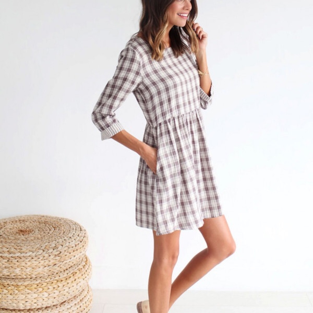 Taupe plaid 3/4 sleeve dress, size M