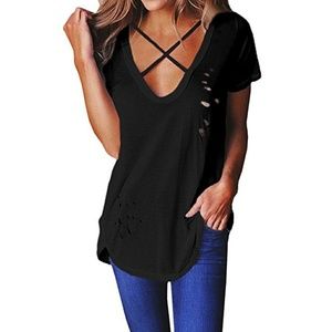 Burn Out Distressed Criss Cross Tee Shirt