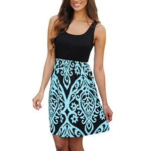 Sleeveless Teal & Black Damask Swing Dress