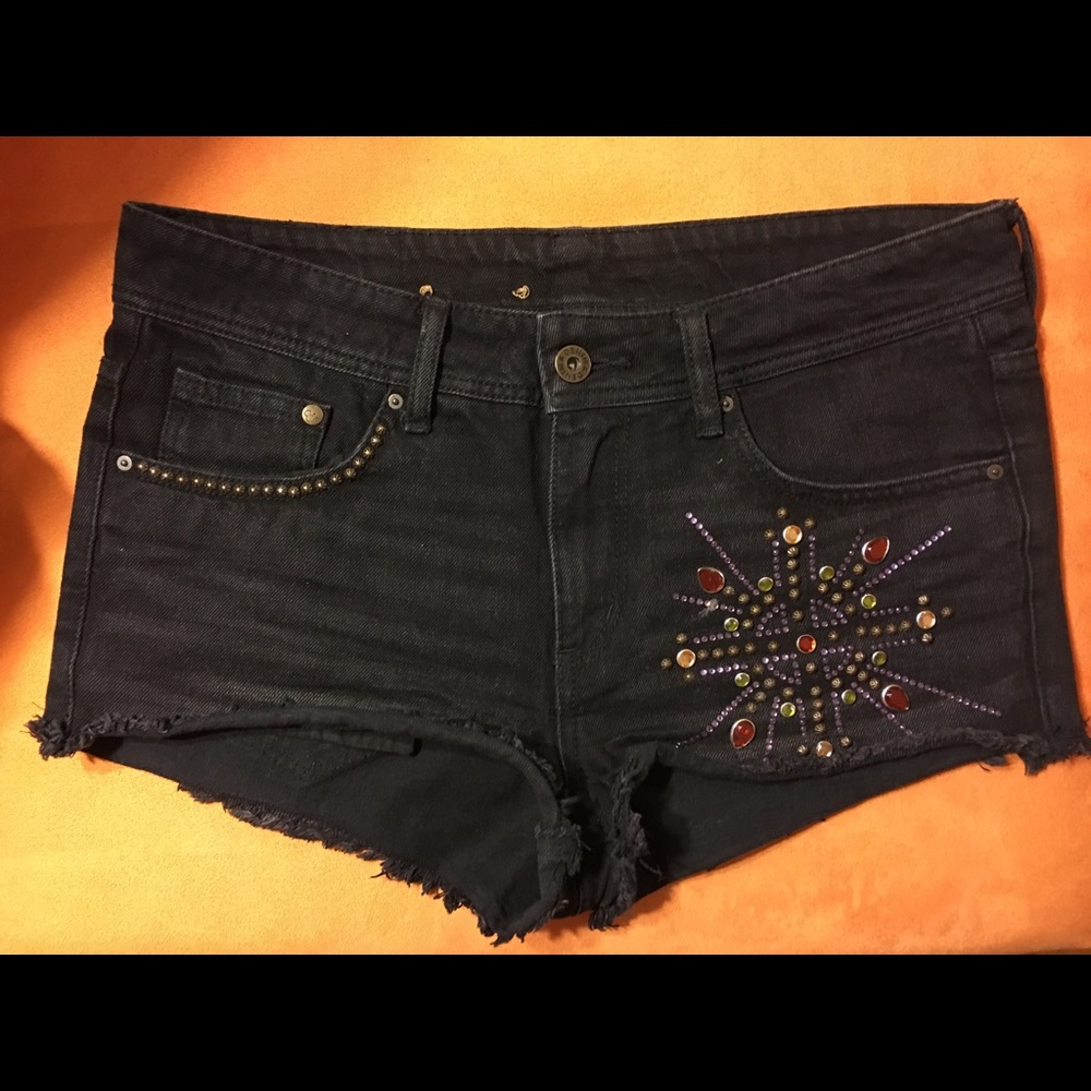 H&M black denim shorts with stones embroidery