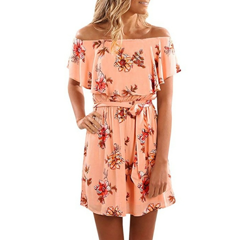Peach and Floral Off Shoulder Dress