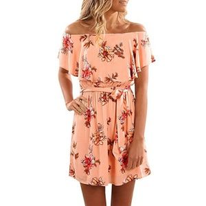 Peach and Floral Off Shoulder Dress
