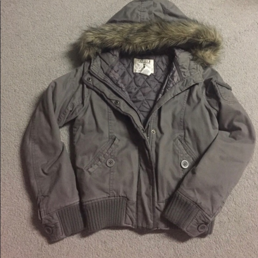 Gray hooded jacket with fur trim