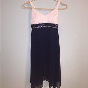 White and Navy Sequined Belt Flowy Dress