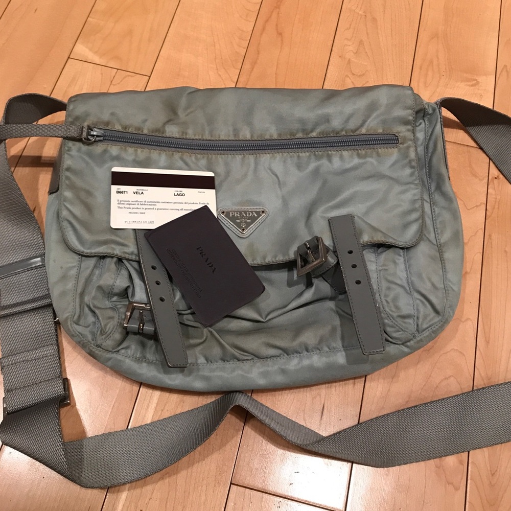 Prada baby blue nylon messenger bag