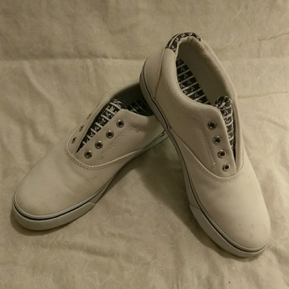 Slip On White and Anchor Striped Sperrys
