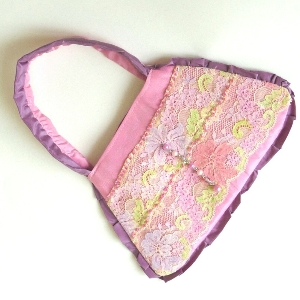 Romantic Silk Handbag Lace Floral Pink Lavender OOAK Hand Made Bride Derby